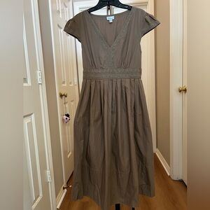 Mimi Maternity Taupe V-Neck Midi Dress with Embroidered Waist